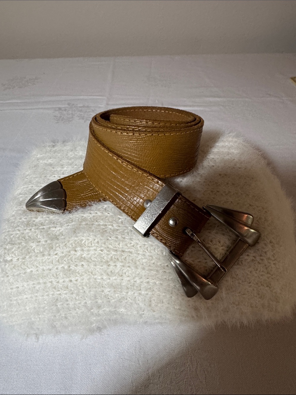 Women's Textured Tan Leather Belt with Silver Western Buckle